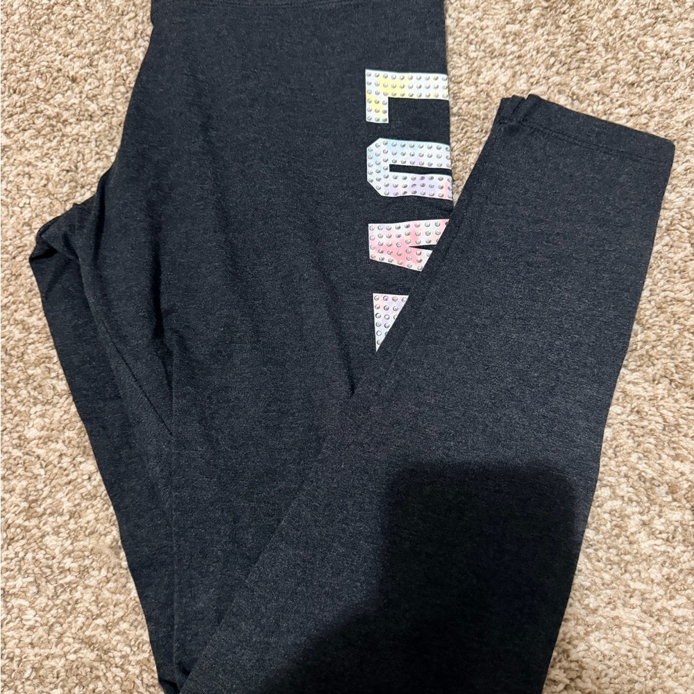 PINK Victoria's Secret Charcoal Leggings with Colorful Lettering